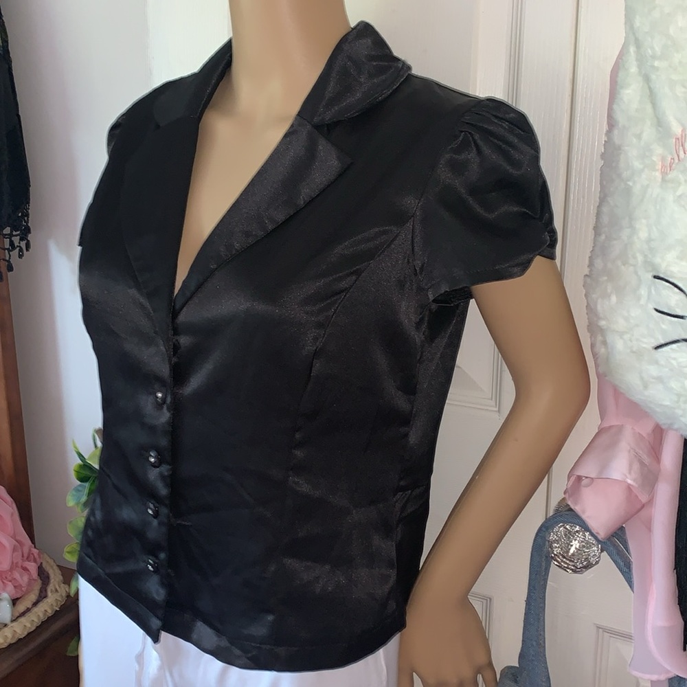 Vtg 90s Mariposa Black Satin Button-Up puff sleeve Blouse L